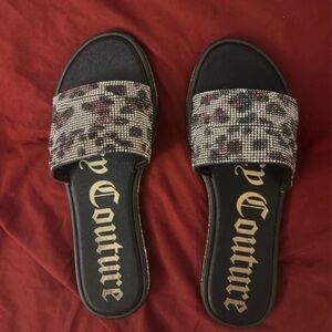 Juicy Couture Leopard Print Rhinestone Sandals Flats Slides- Size 9